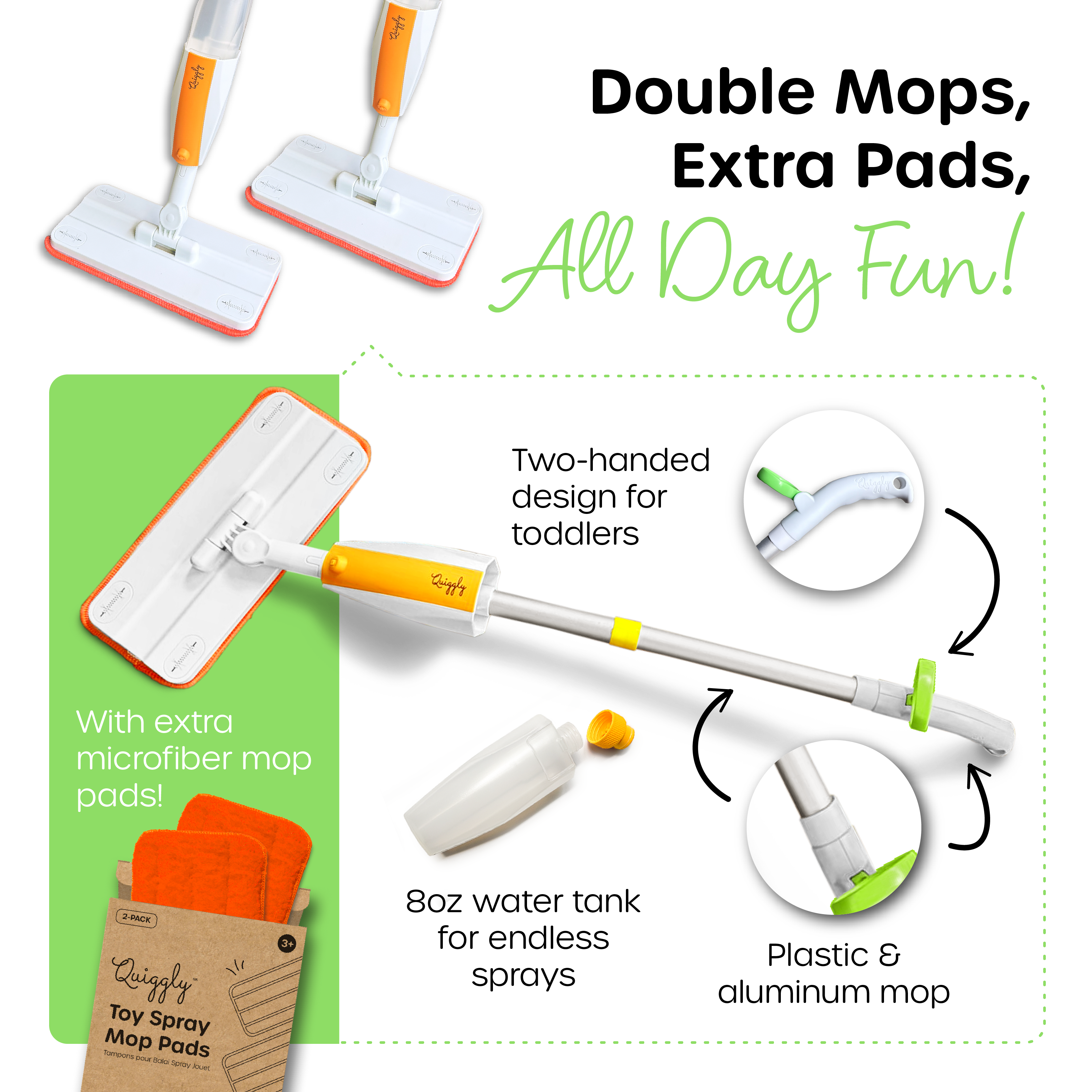 Quiggly toddler spray mop 2-mop 2-pad bundle, lightweight and sturdy toddler-sized cleaning toy with functioning spray and washable microfiber pads