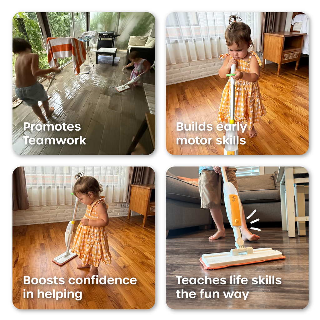 Toddlers playing side-by-side with Quiggly spray mops, building motor skills, creativity, teamwork, and practical life skills through Montessori-inspired play