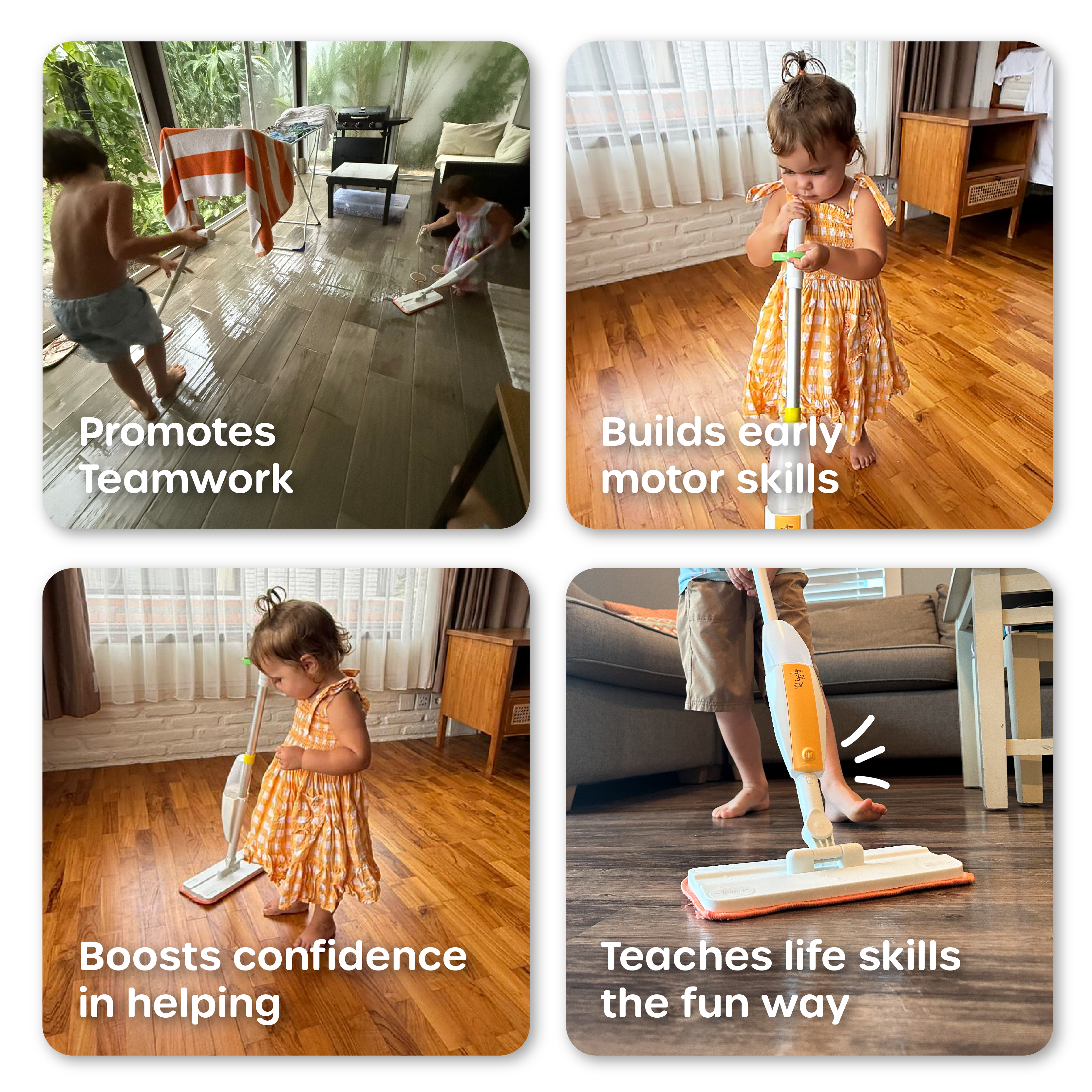 Toddlers playing side-by-side with Quiggly spray mops, building motor skills, creativity, teamwork, and practical life skills through Montessori-inspired play