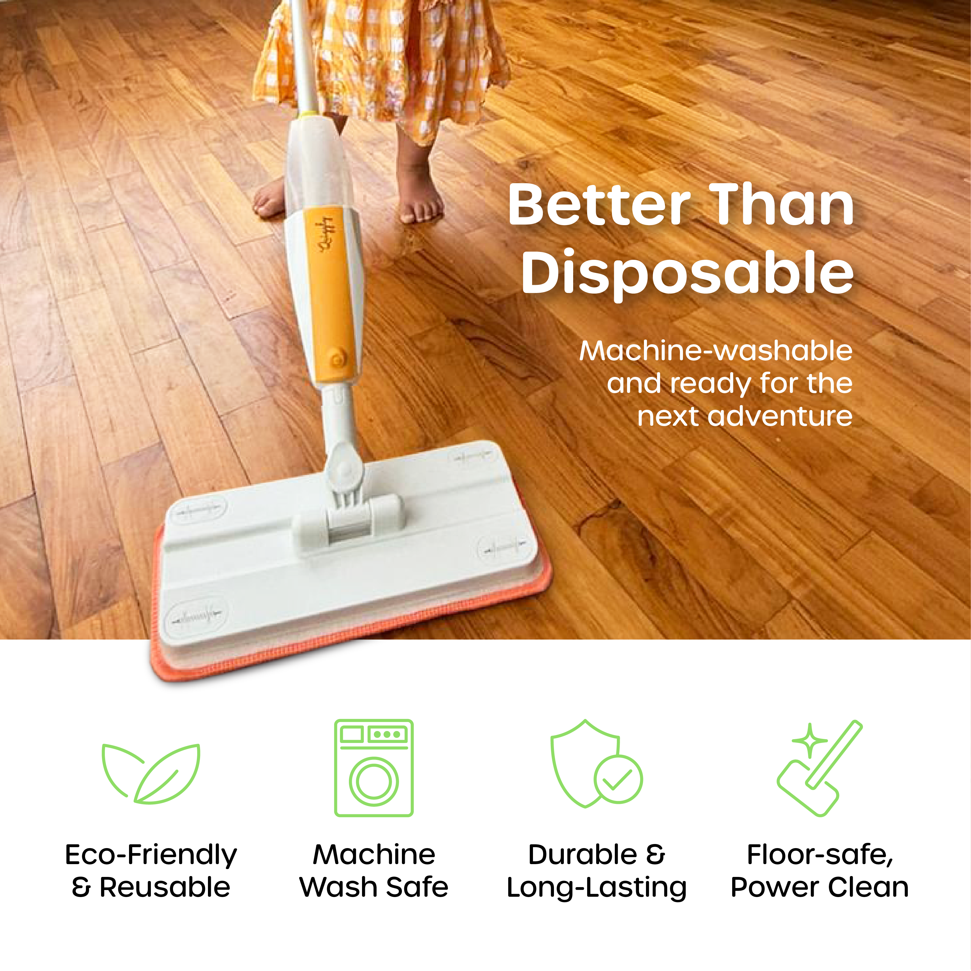 Toddler pretend-play mop pad with soft, washable microfiber, safe for indoor cleaning and Montessori-inspired play
