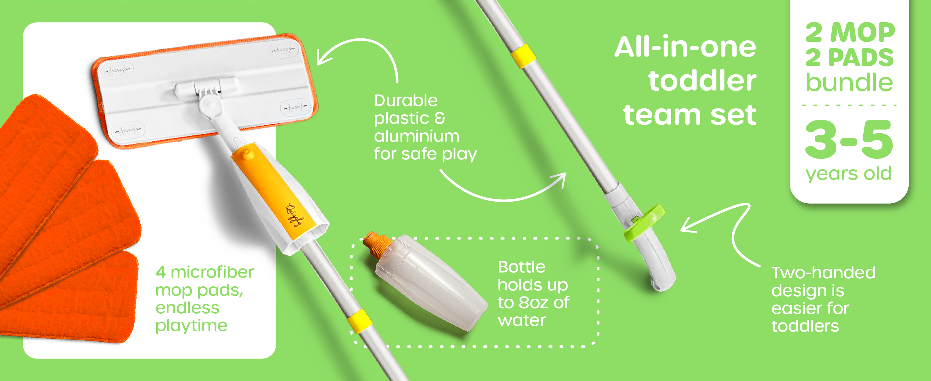 Toddler spray mop team set with durable build, two-hand trigger, spray bottle, and 4 pads