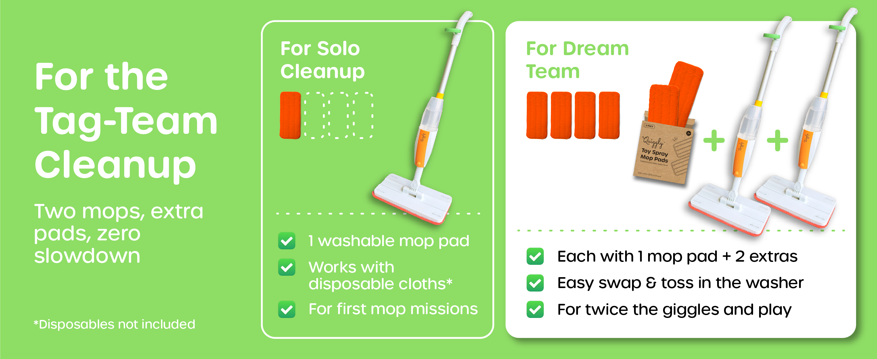 Comparison chart showing 1 toddler spray mop versus 2-mop, 2-pad bundle designed for extended group play