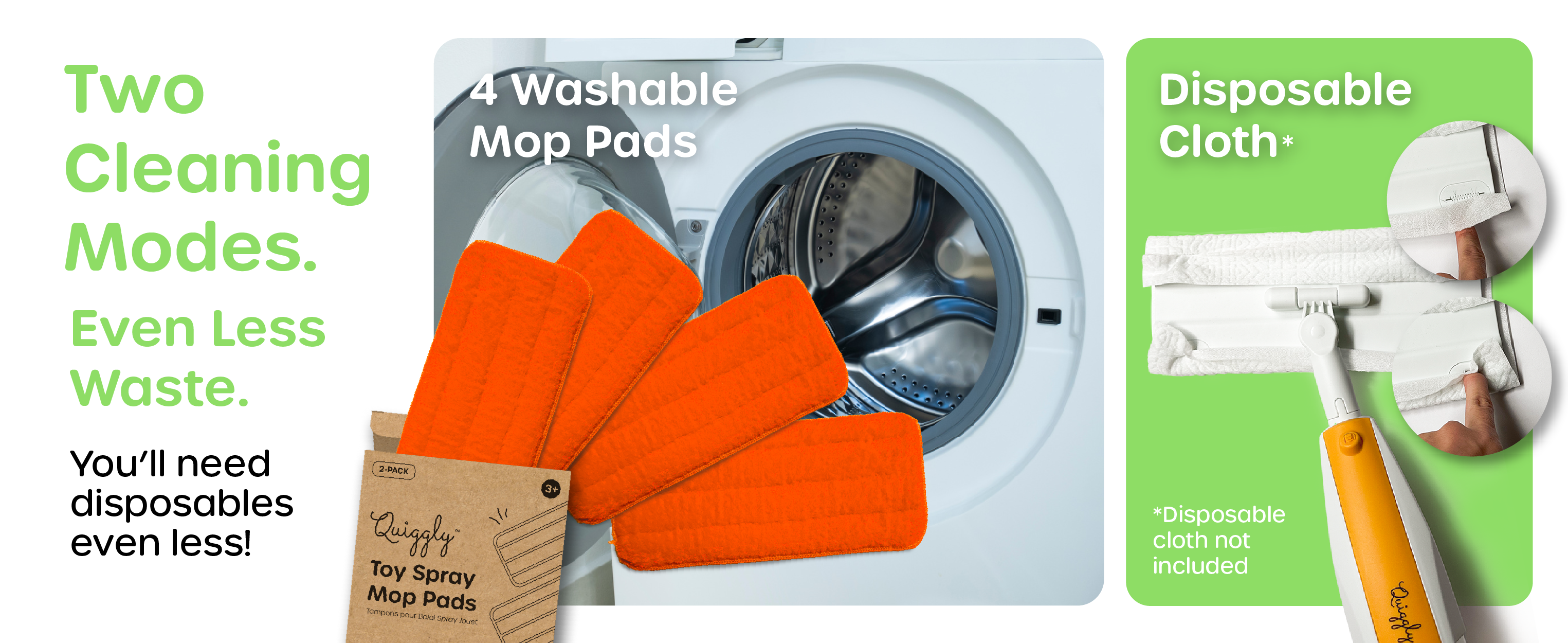 Eco-friendly cleaning toy set featuring four washable, reusable microfiber mop pads to cut down on disposable waste