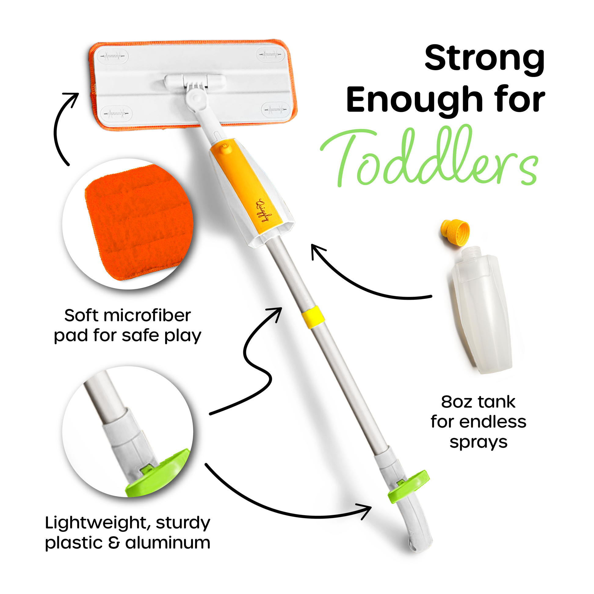A functioning spray mop designed for toddlers with lightweight & sturdy build
