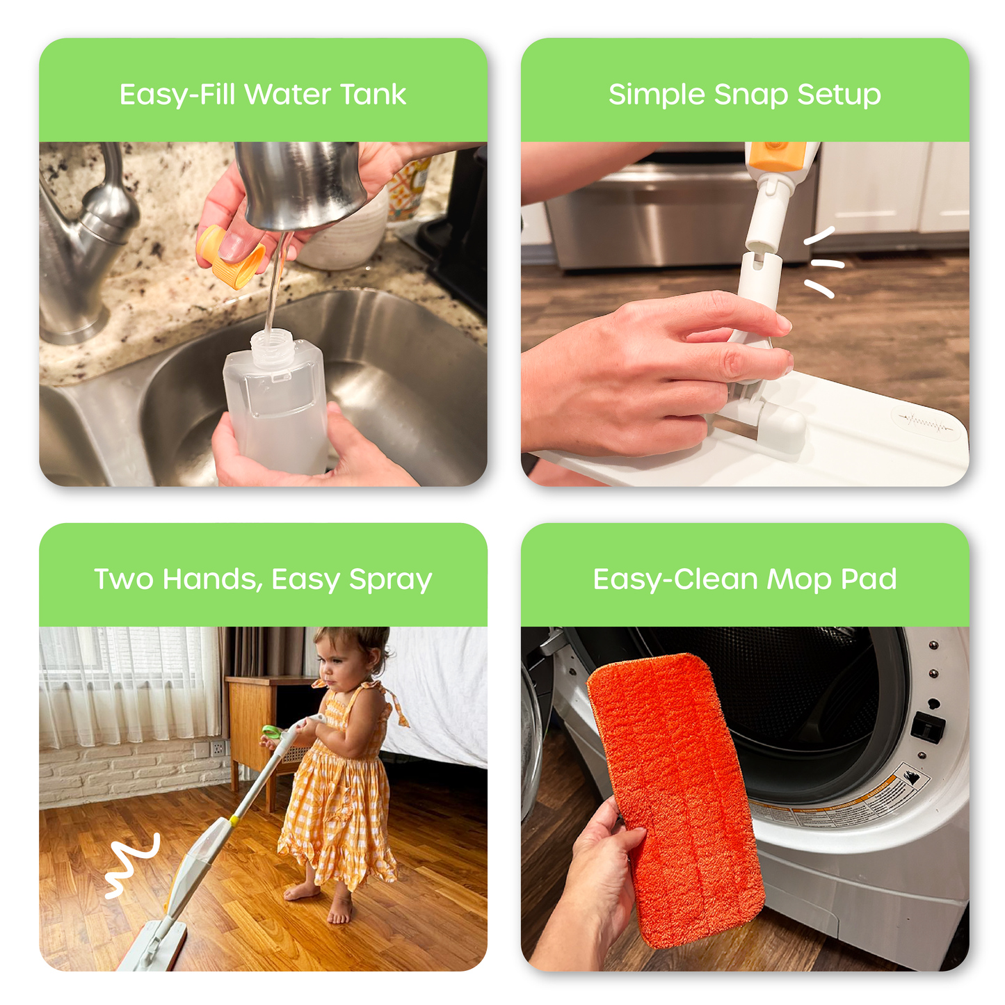 Product features including easy-fill water tank, simple snap setup, two hands easy spray, and easy-clean mop pad
