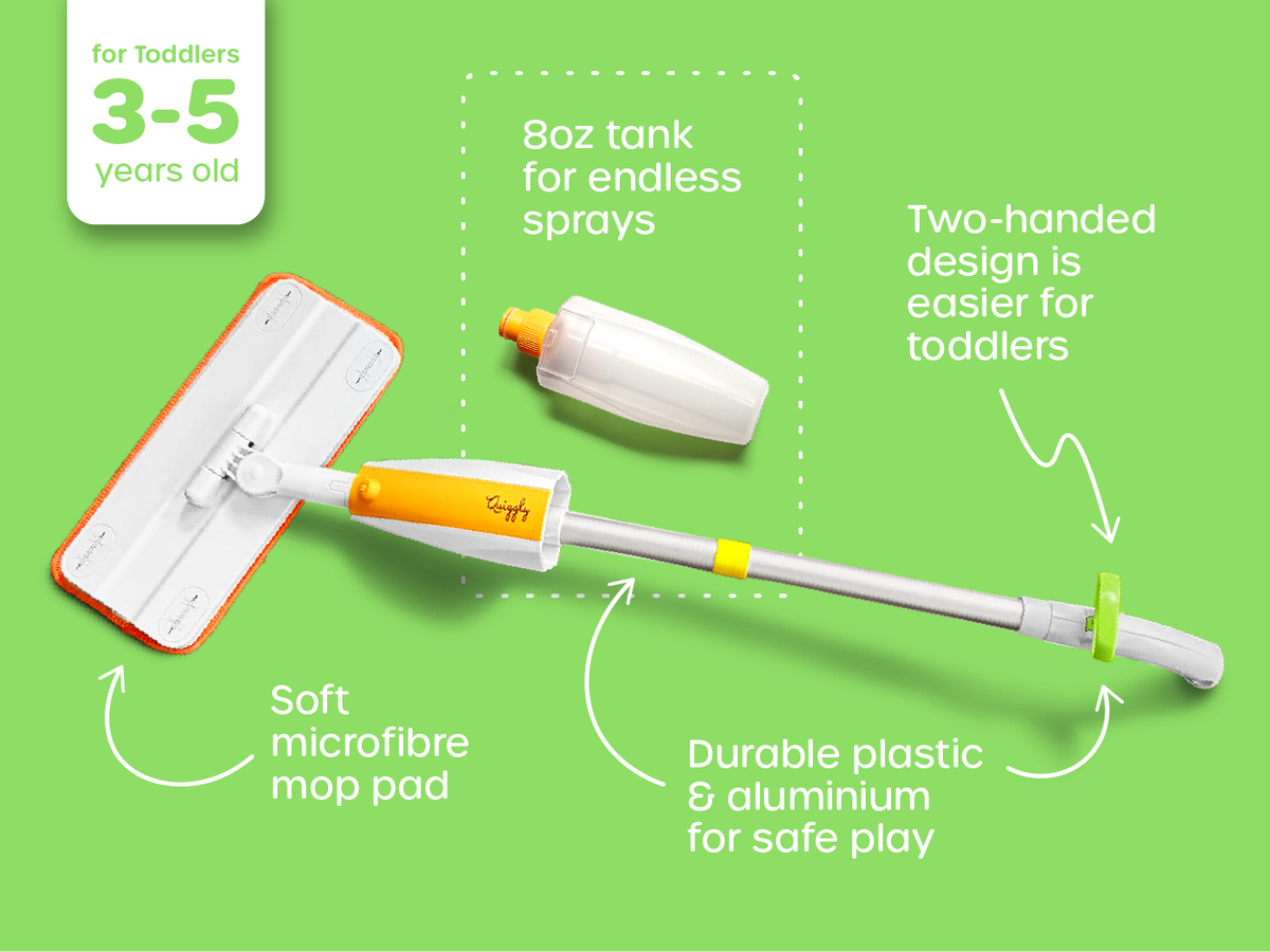 A functioning spray mop designed for toddlers ages 3-5 years old with lightweight & sturdy build