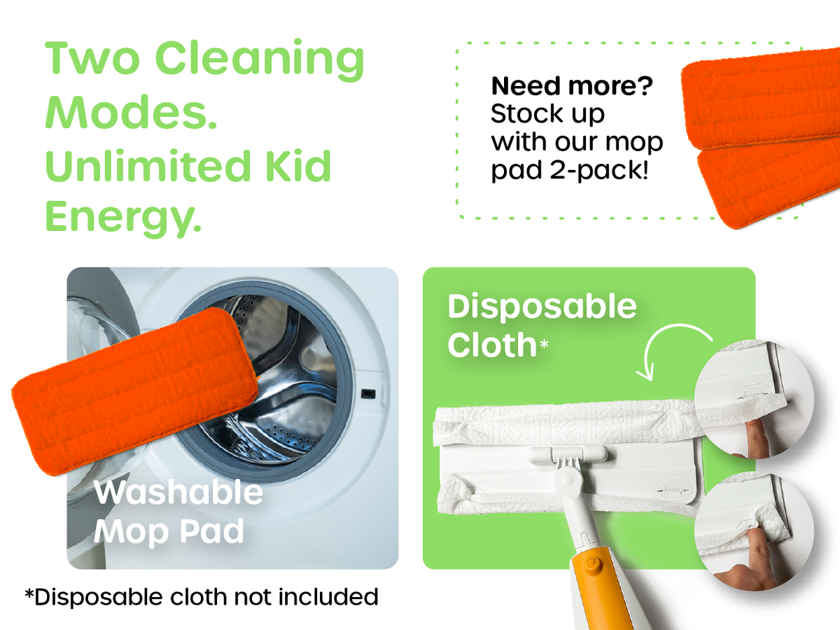 Toddler cleaning tool toy compatible with disposable wipes or washable mop pads for laundry day play