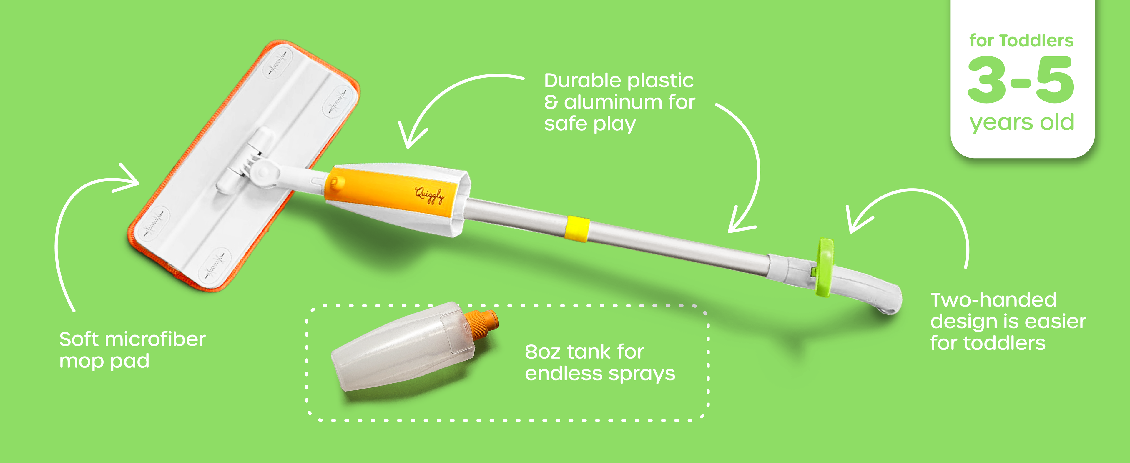 A functioning spray mop designed for toddlers ages 3-5 years old with lightweight & sturdy build