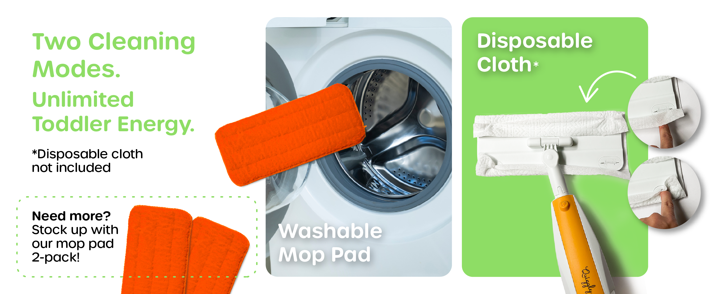 Toddler cleaning tool toy compatible with disposable wipes or washable mop pads for laundry day play