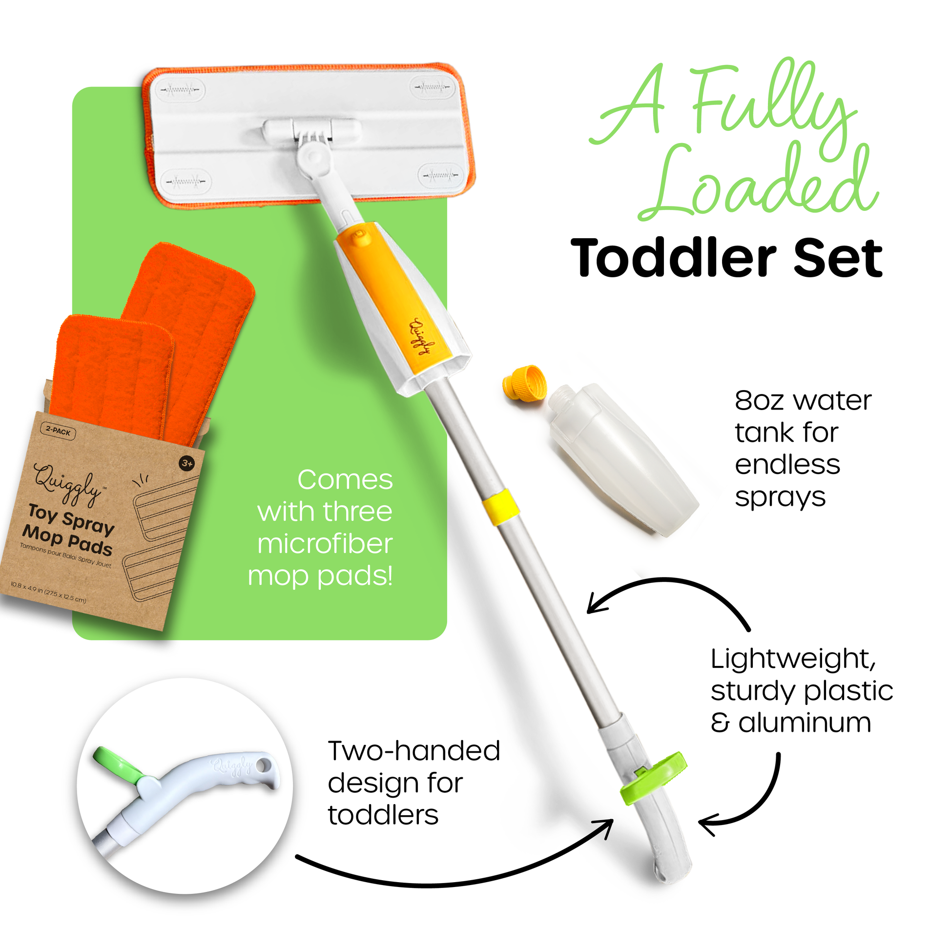 Toddler’s spray mop with durable plastic and aluminum body, toddler-friendly handle, and 3 microfiber mop pads