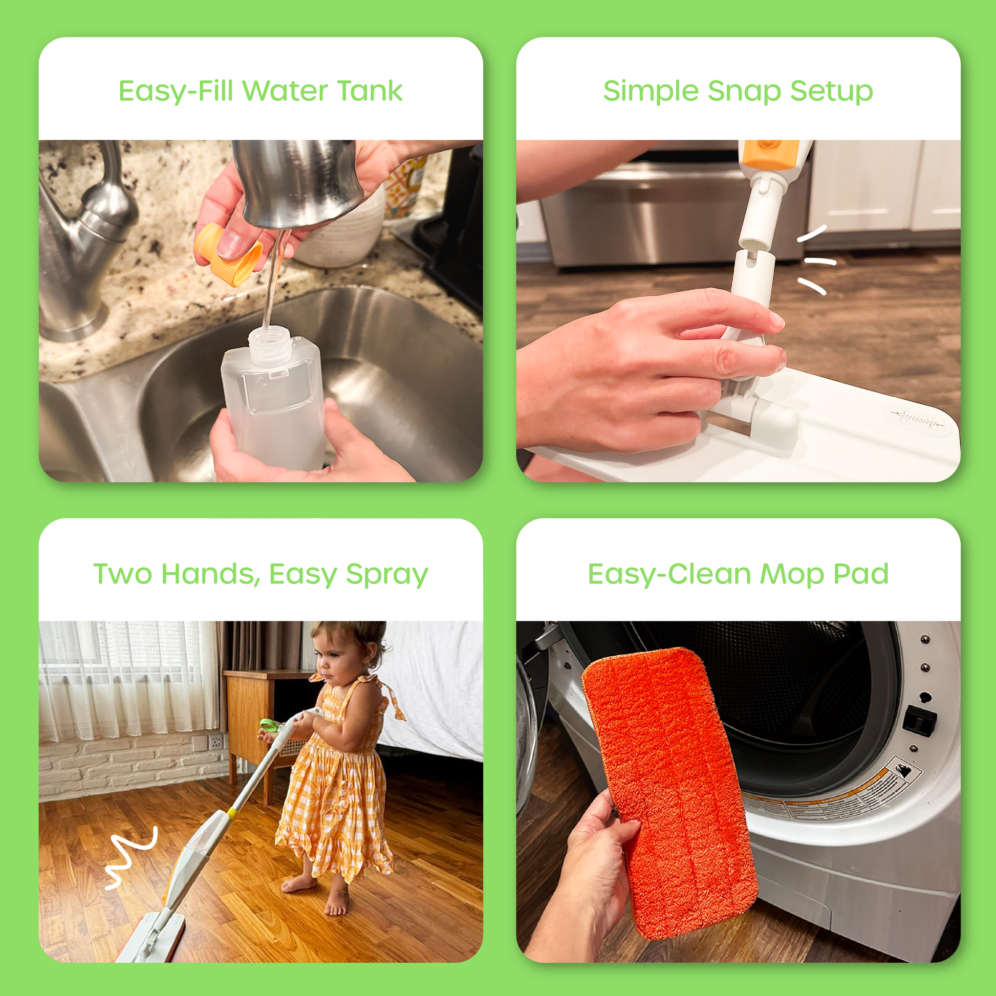 Product features including easy-fill water tank, simple snap setup, two hands easy spray, and easy-clean mop pad
