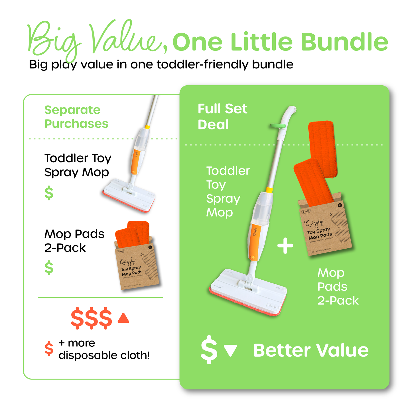Toddler spray mop value comparison: individual items vs. complete mop and pad bundle for more savings