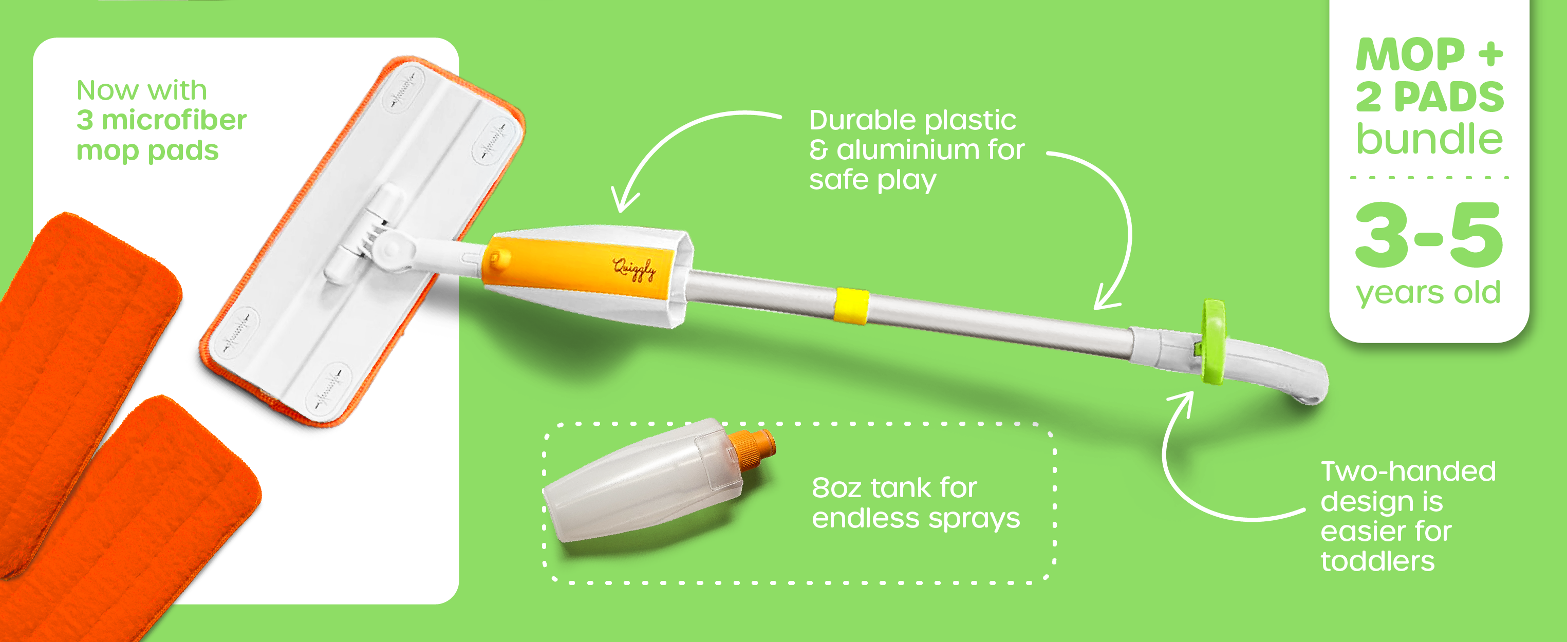 Toddler mop and pads bundle for ages 3-5 with toddler-friendly pull handle and 3 microfiber pads