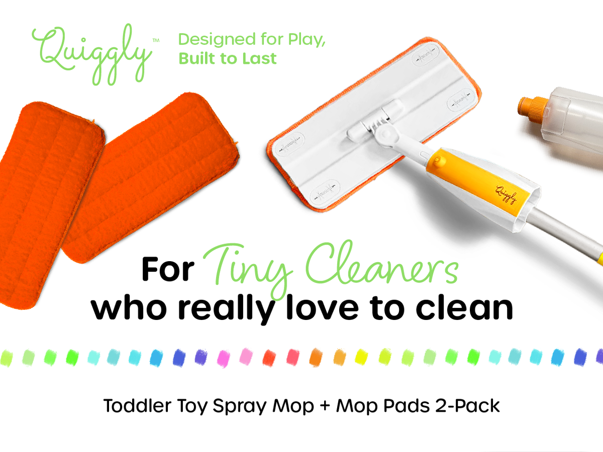 Toy spray mop for toddlers with 2-pack mop pads offering longer pretend-play sessions