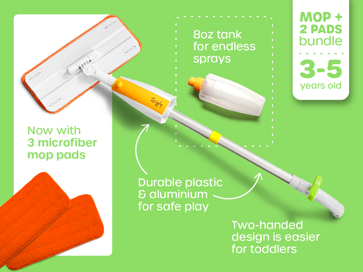Toddler mop and pads bundle for ages 3-5 with toddler-friendly pull handle and 3 microfiber pads