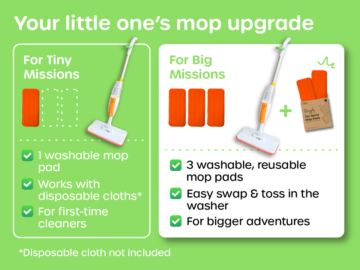 Toddler spray mop comparison: one mop vs. complete mop and pad bundle for longer playtime