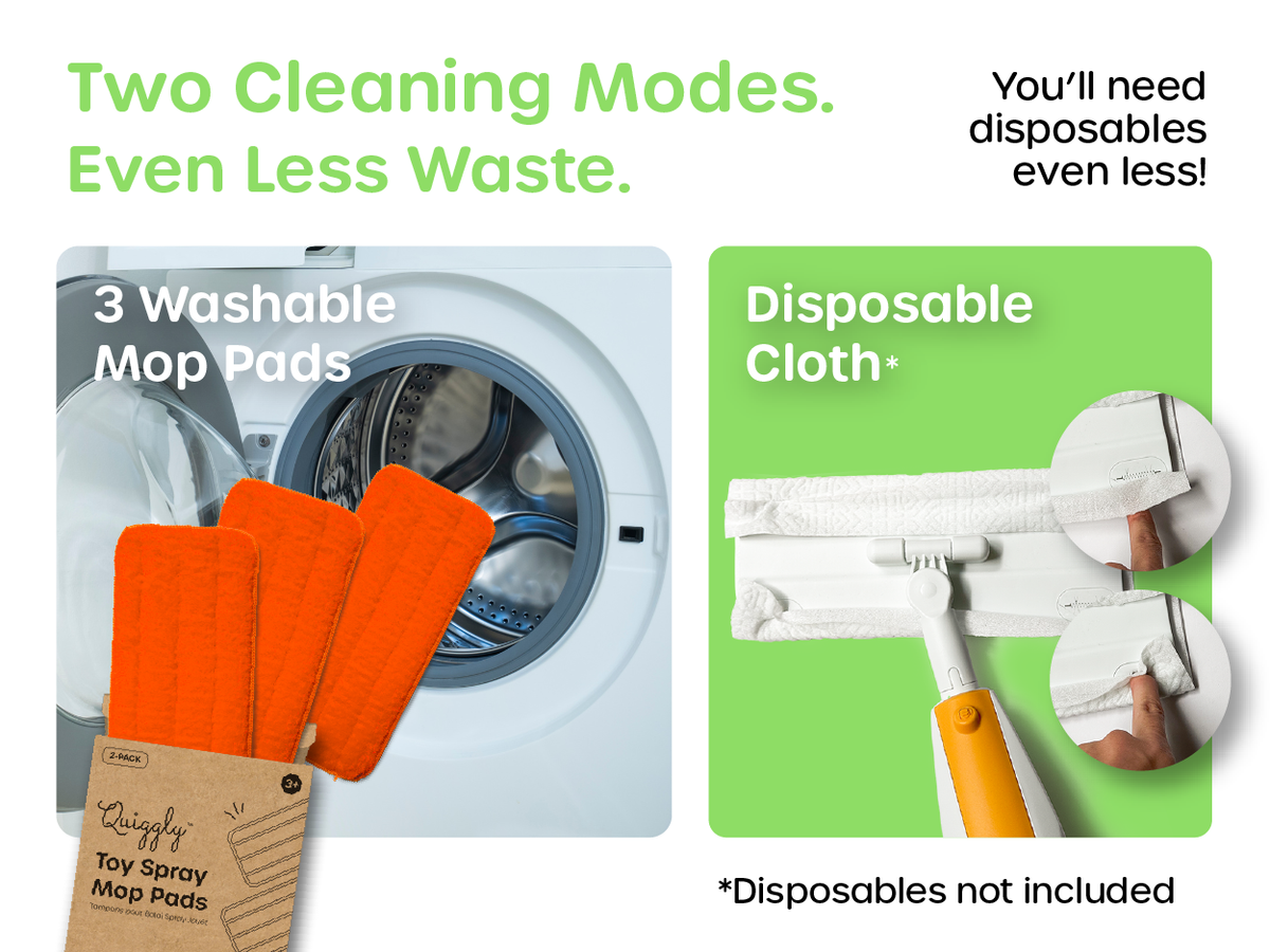 Toddler’s toy mop featuring durable, machine-washable microfiber pads that minimize disposable waste