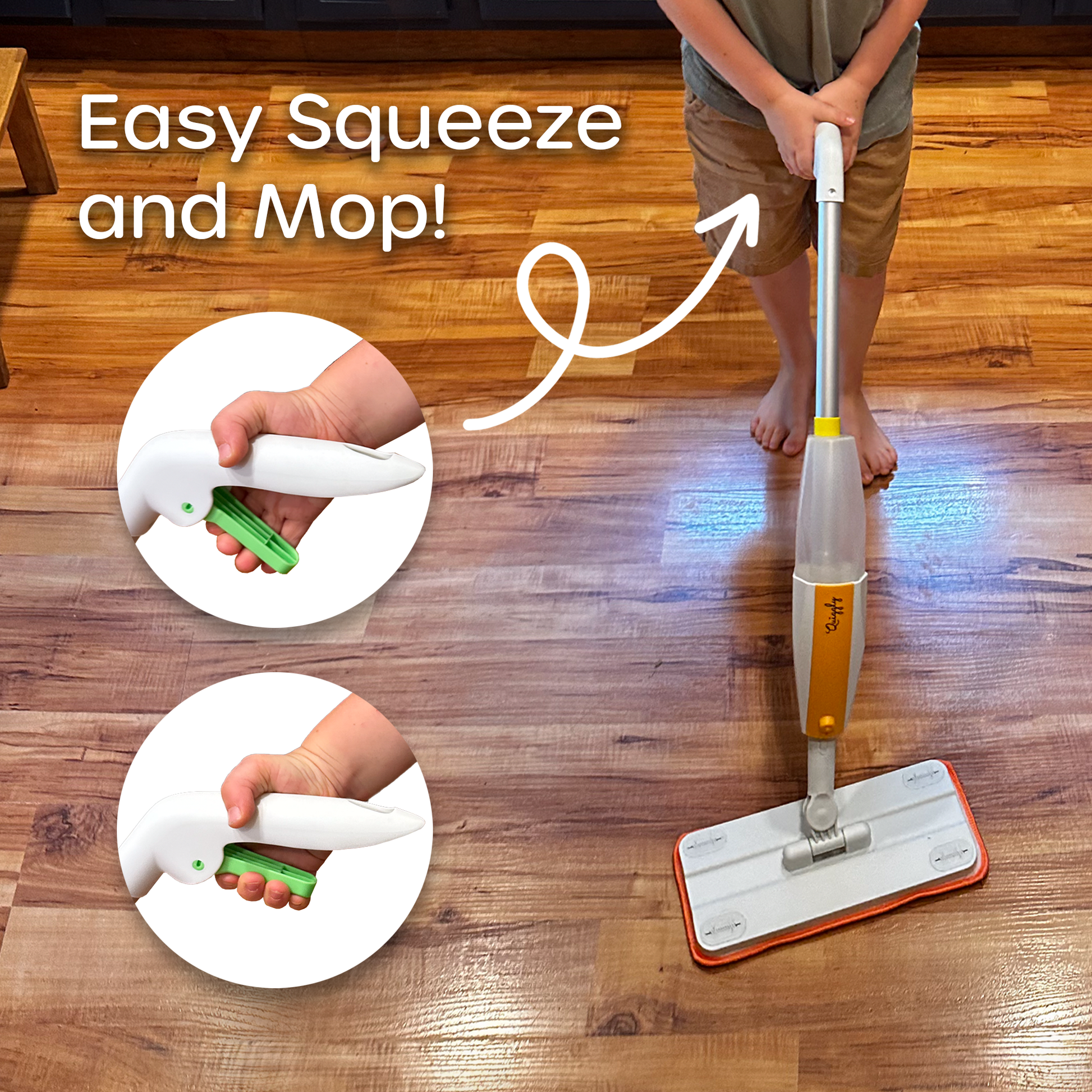 Toy spray mop for kids with easy squeeze handle, designed for small hands