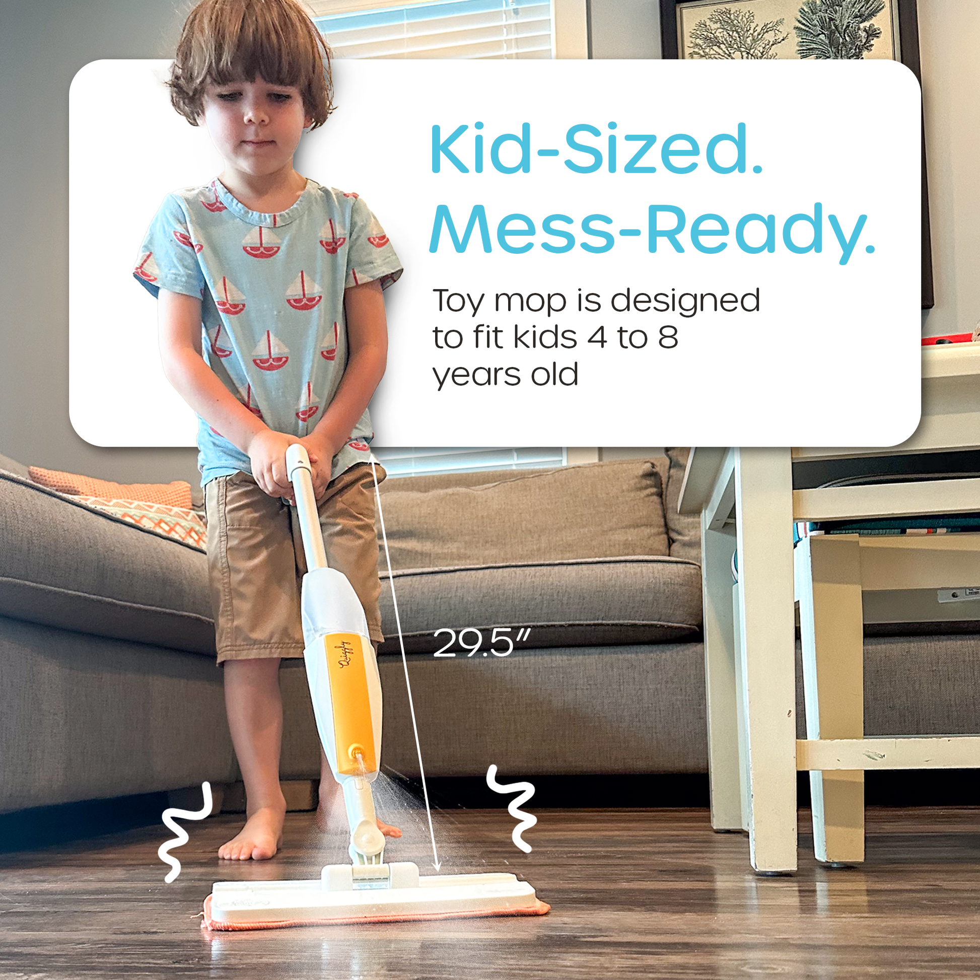Kid-sized cleaning toy mop perfect for ages 4-8