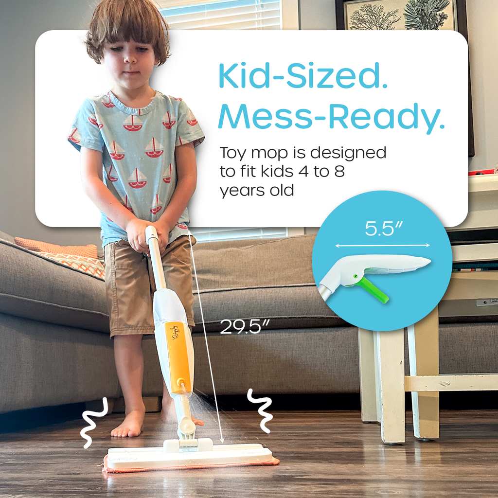 Kid-sized cleaning toy mop perfect for ages 4-8
