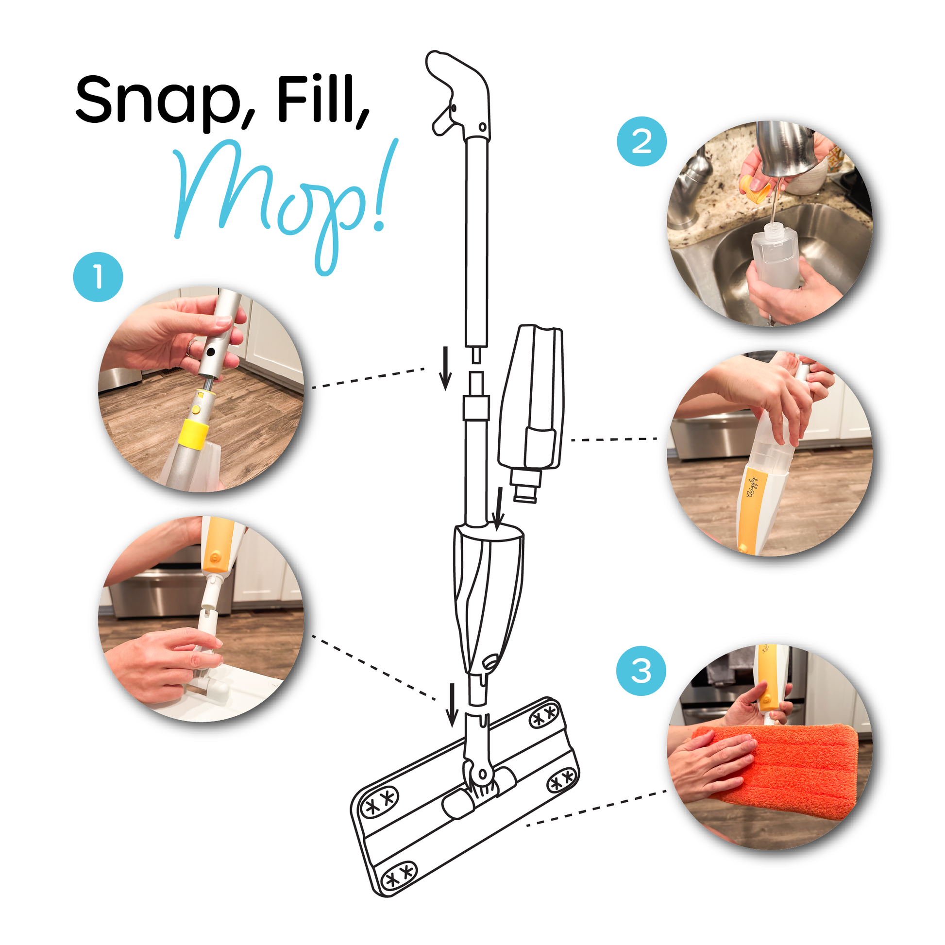 Quick and easy assembly spray mop toy with illustrated setup instructions