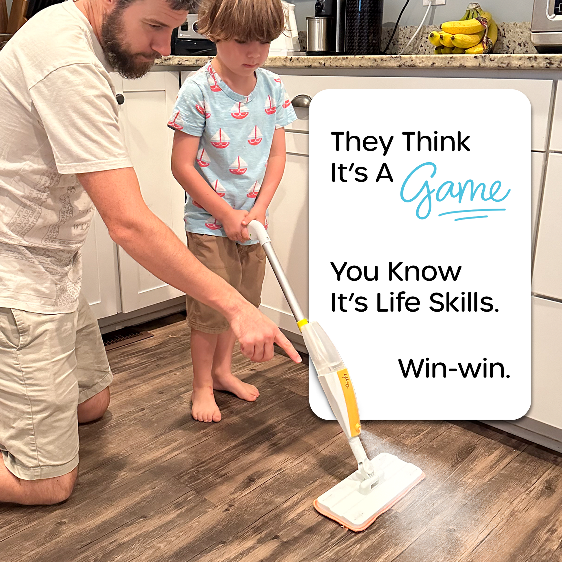 Kid-sized spray mop toy with realistic cleaning action to teach everyday life skills