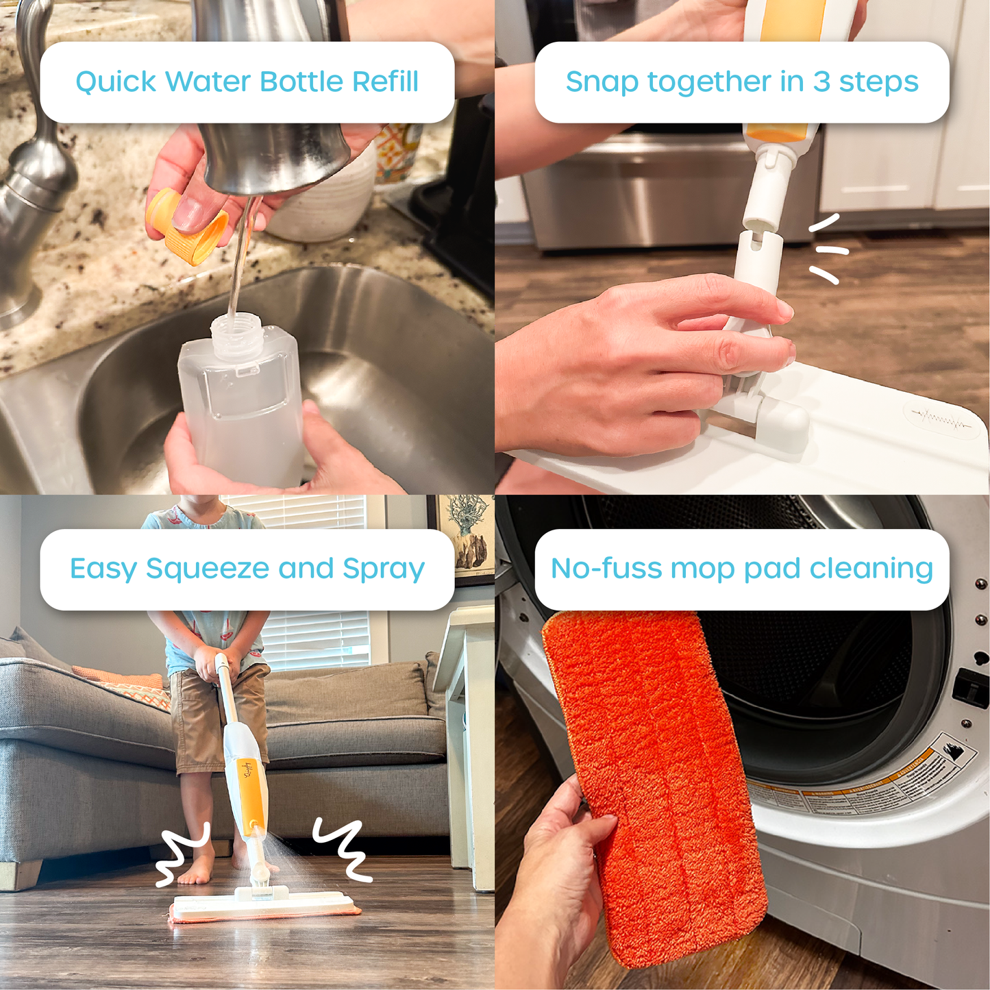 Toy mop with easy-to-follow care and usage instructions for parents and kids