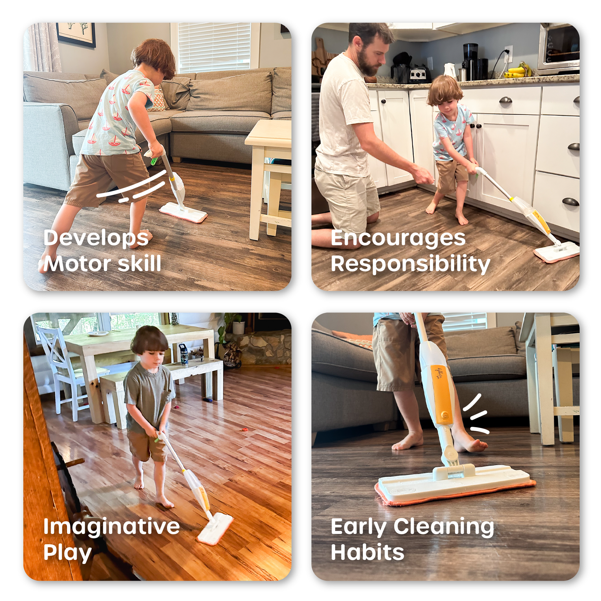 Kid toy spray mop for pretend play cleaning, helps develop motor skills and responsibility.