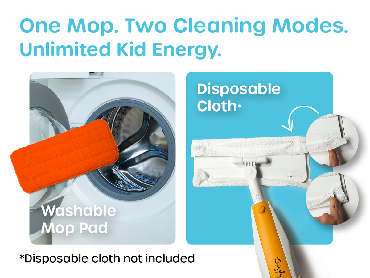 Our kid sized mop can work with swiffer disposable pads (not included) or our included washable microfiber mop pad 