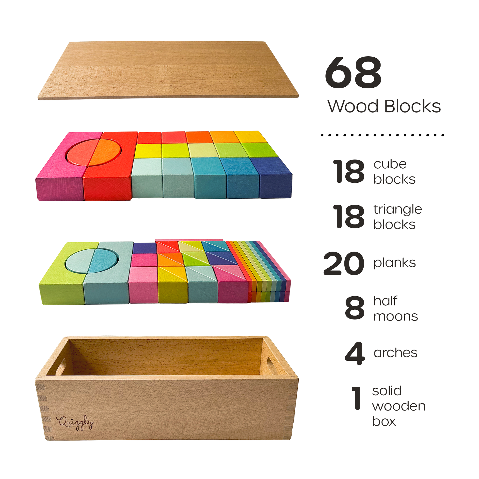 68-piece wooden rainbow blocks set with assorted shapes, sizes, and sturdy wooden storage box