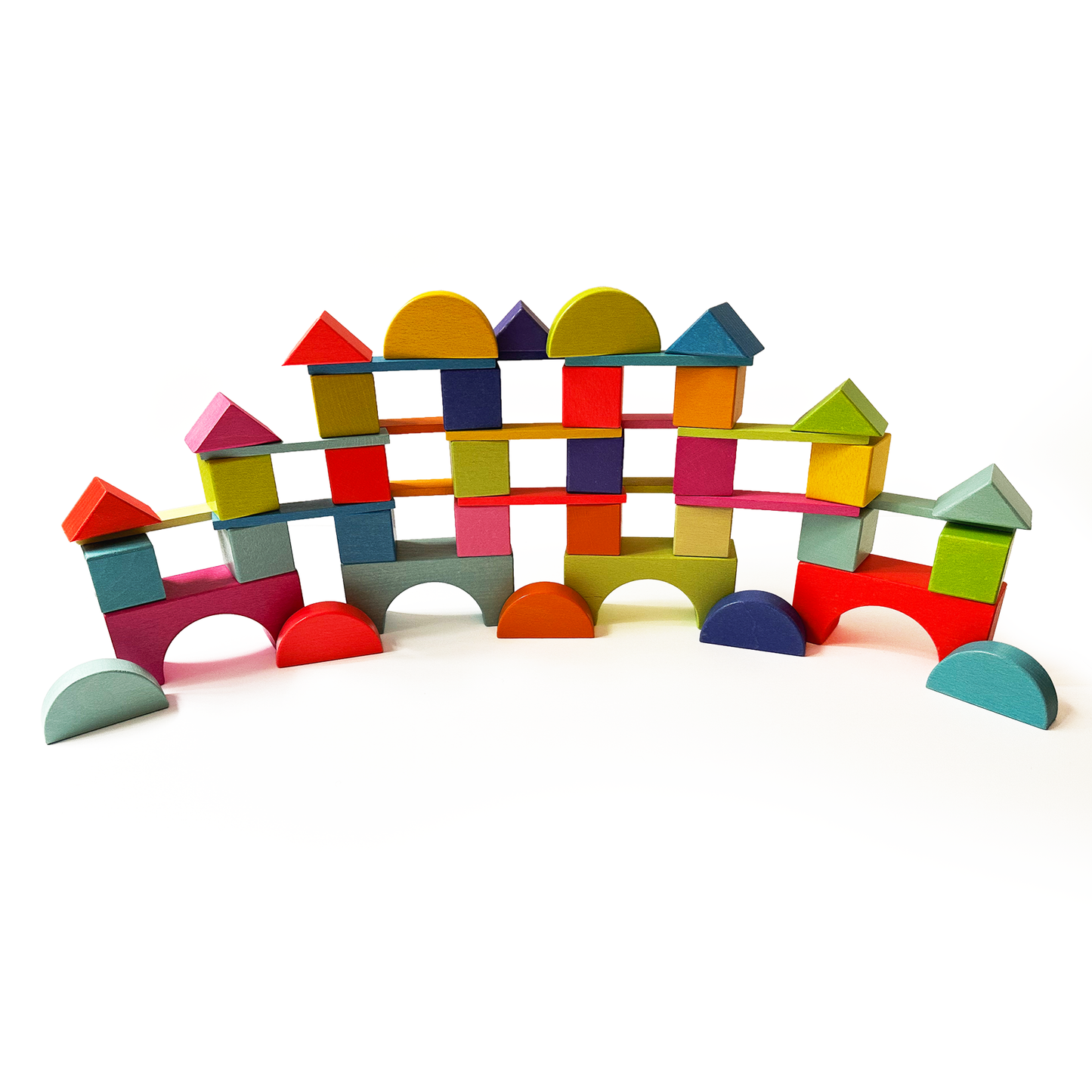 Castle built from multi-colored wooden blocks showcasing open-ended construction play