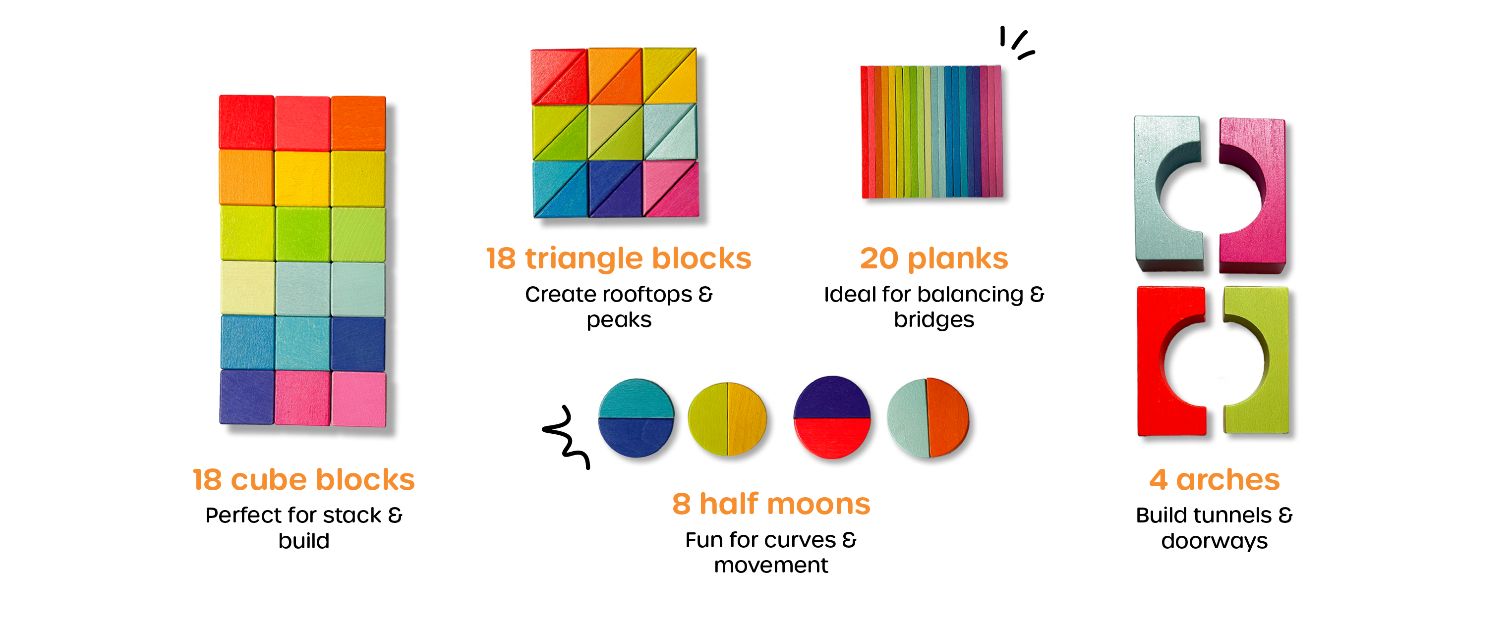68 rainbow blocks in fun shapes and sizes to spark toddler creativity and open-ended play