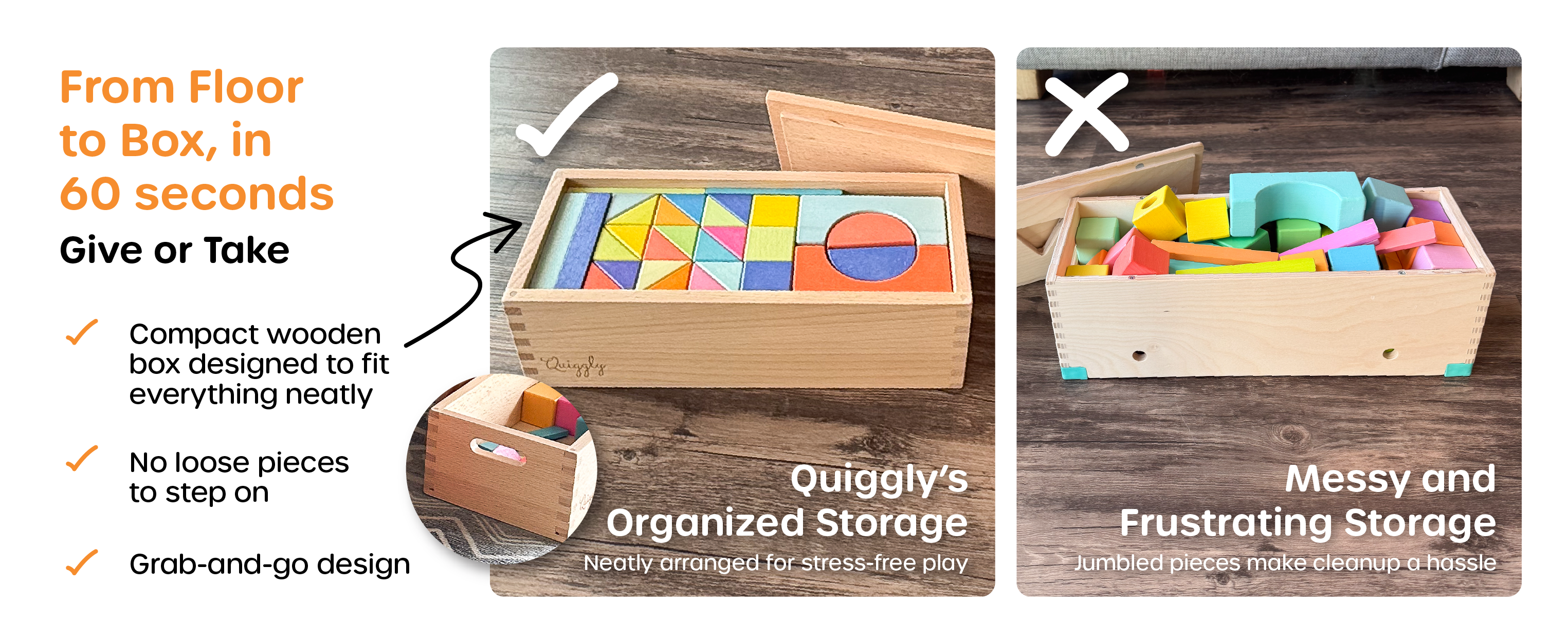 Includes compact wooden storage box with handle for easy cleanup and travel-friendly design