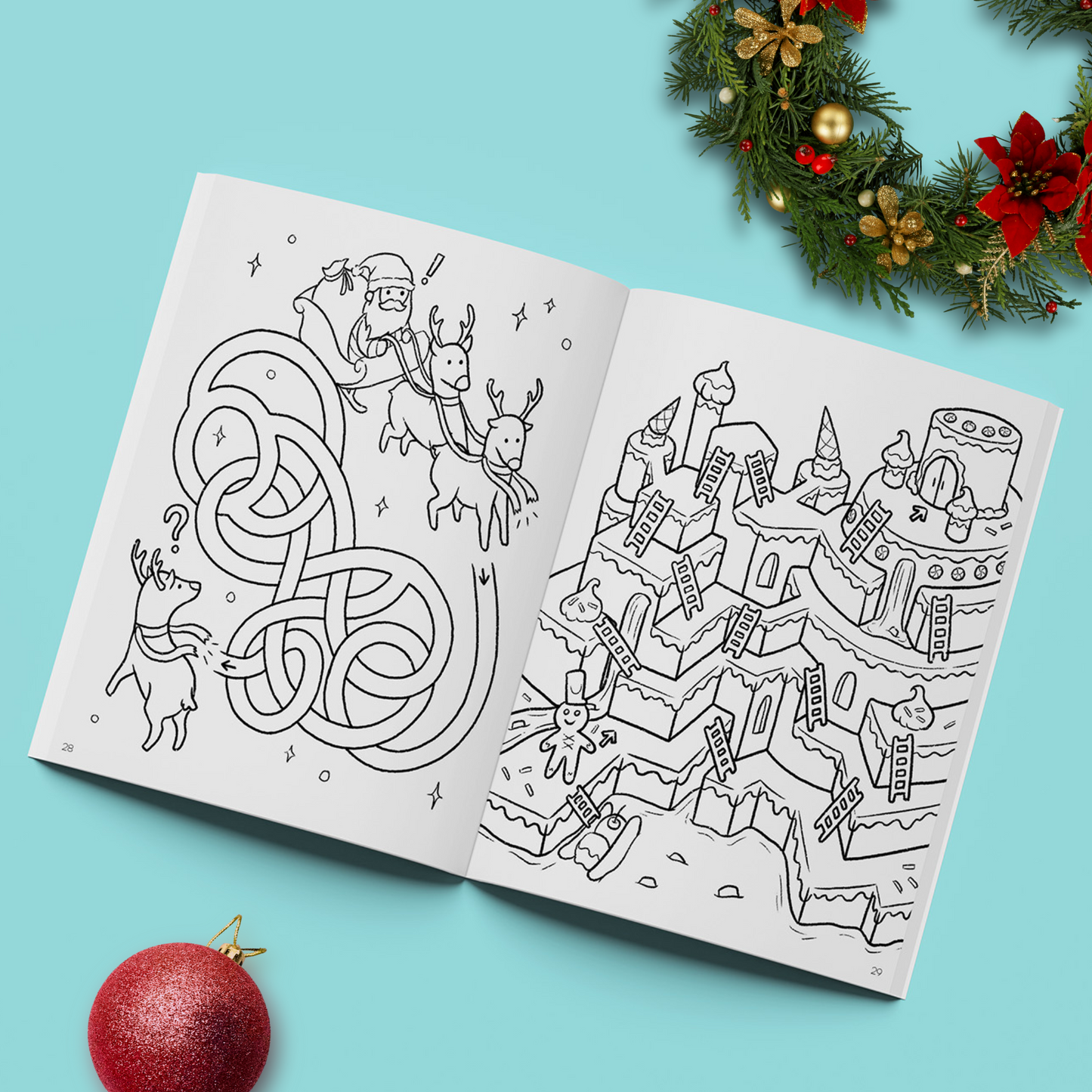 Holiday maze book for kids featuring Santa, reindeer, snowmen, and other seasonal characters