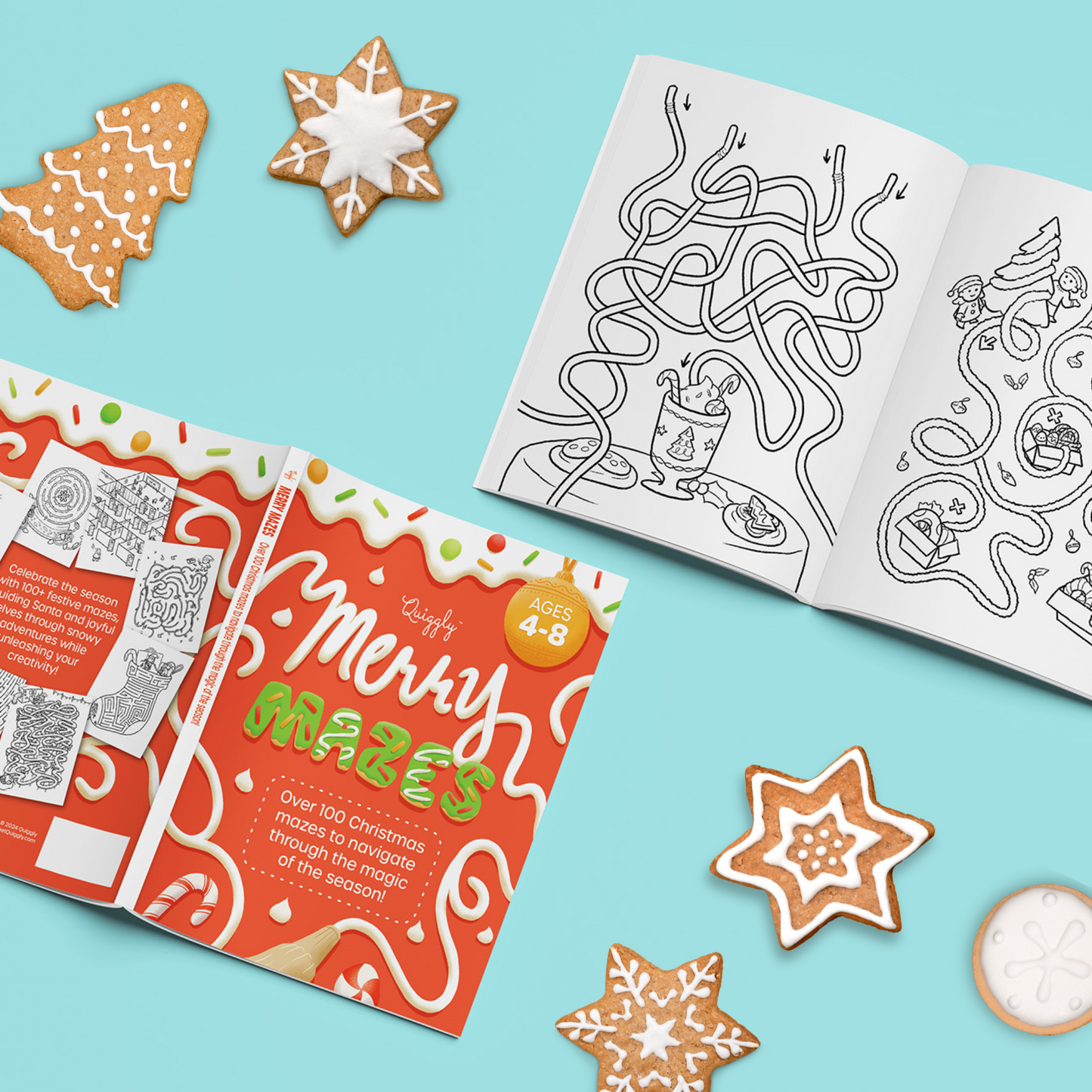 Christmas maze book for children with fun sweets, treats, and winter-themed illustrations
