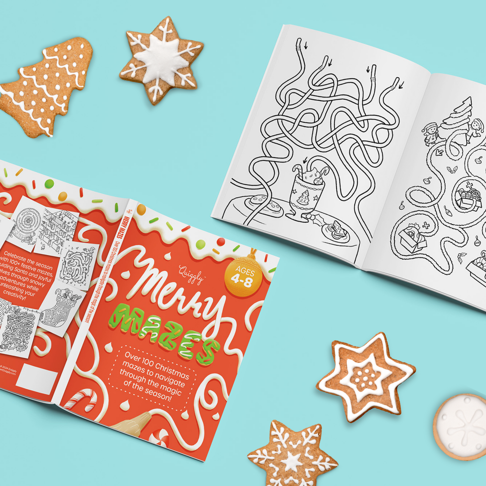 Christmas maze book for children with fun sweets, treats, and winter-themed illustrations