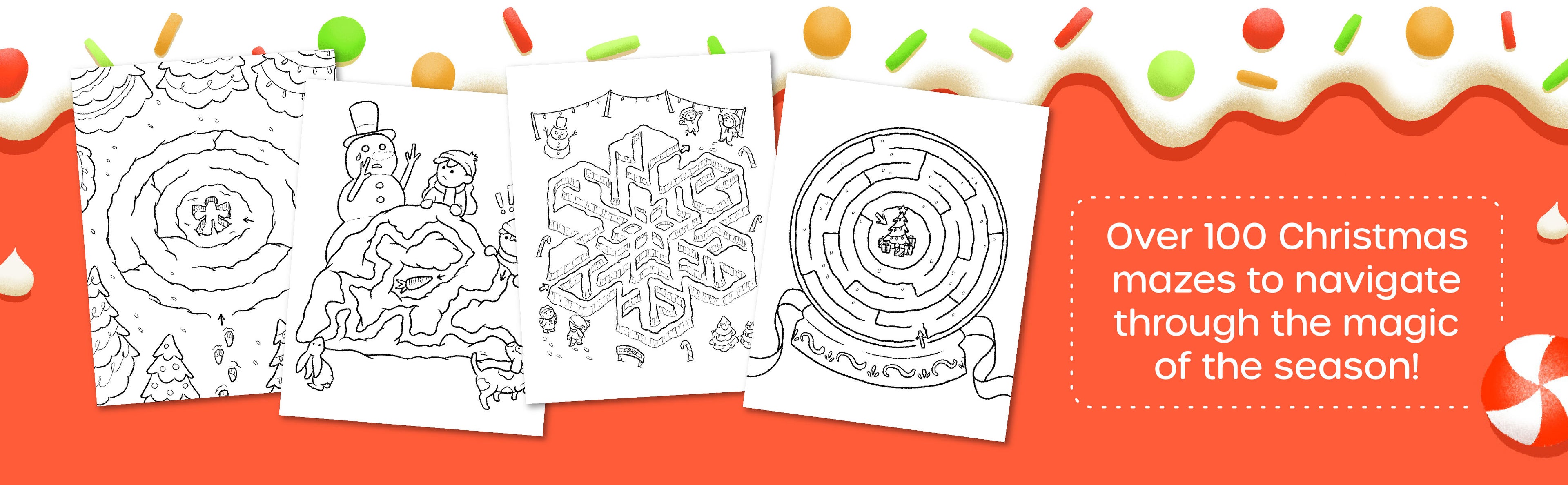 Includes 100+ holiday mazes to color and solve, perfect for festive screen-free fun