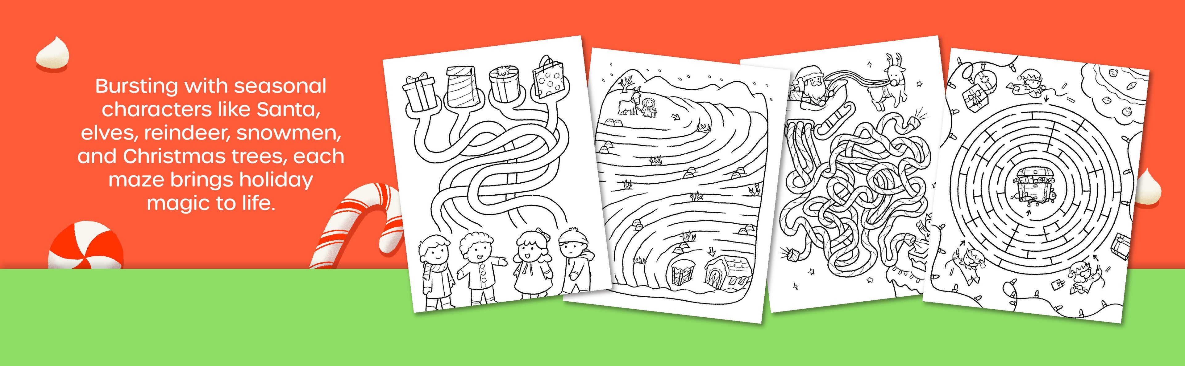 Features fun seasonal characters like Santa, elves, reindeer, and snowmen in story-filled mazes