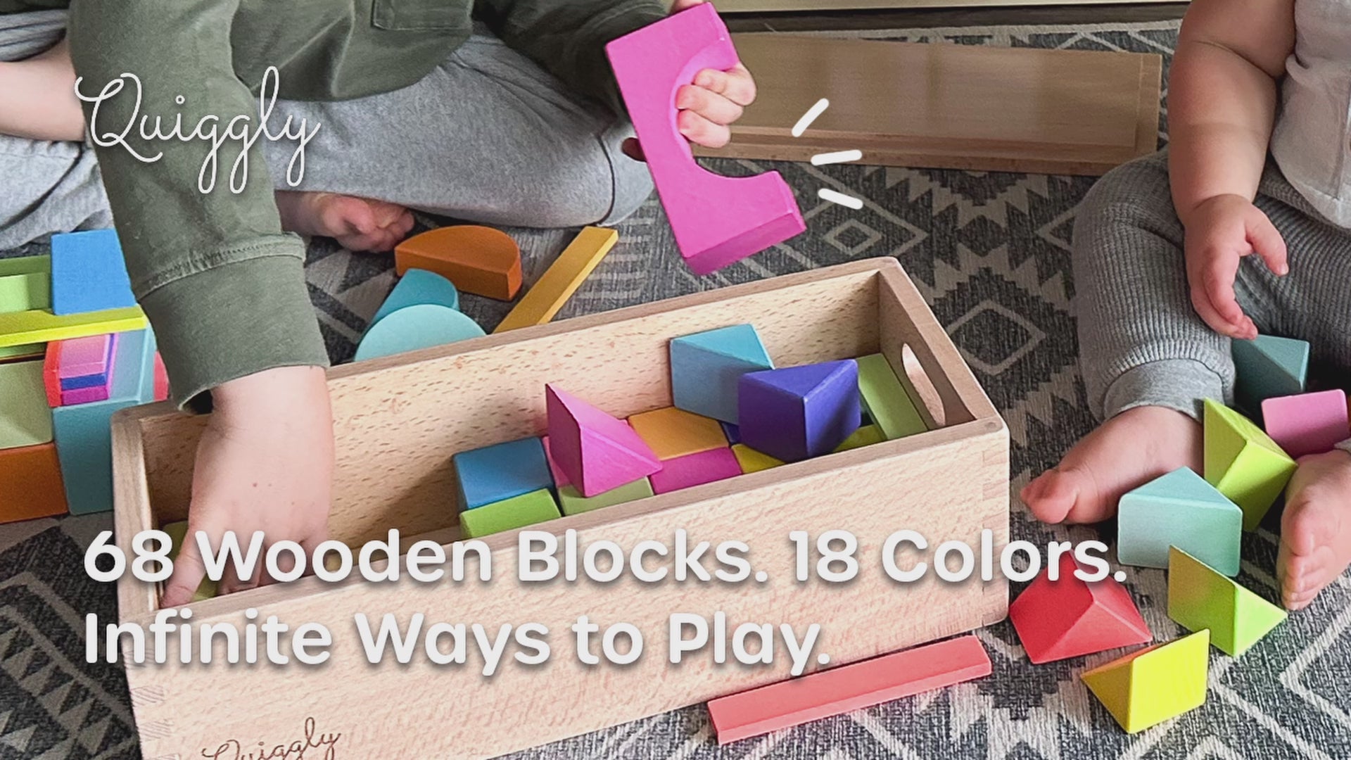 Unboxing 68-piece rainbow wooden blocks set with vibrant colors and varied shapes for STEM-powered play and creativity